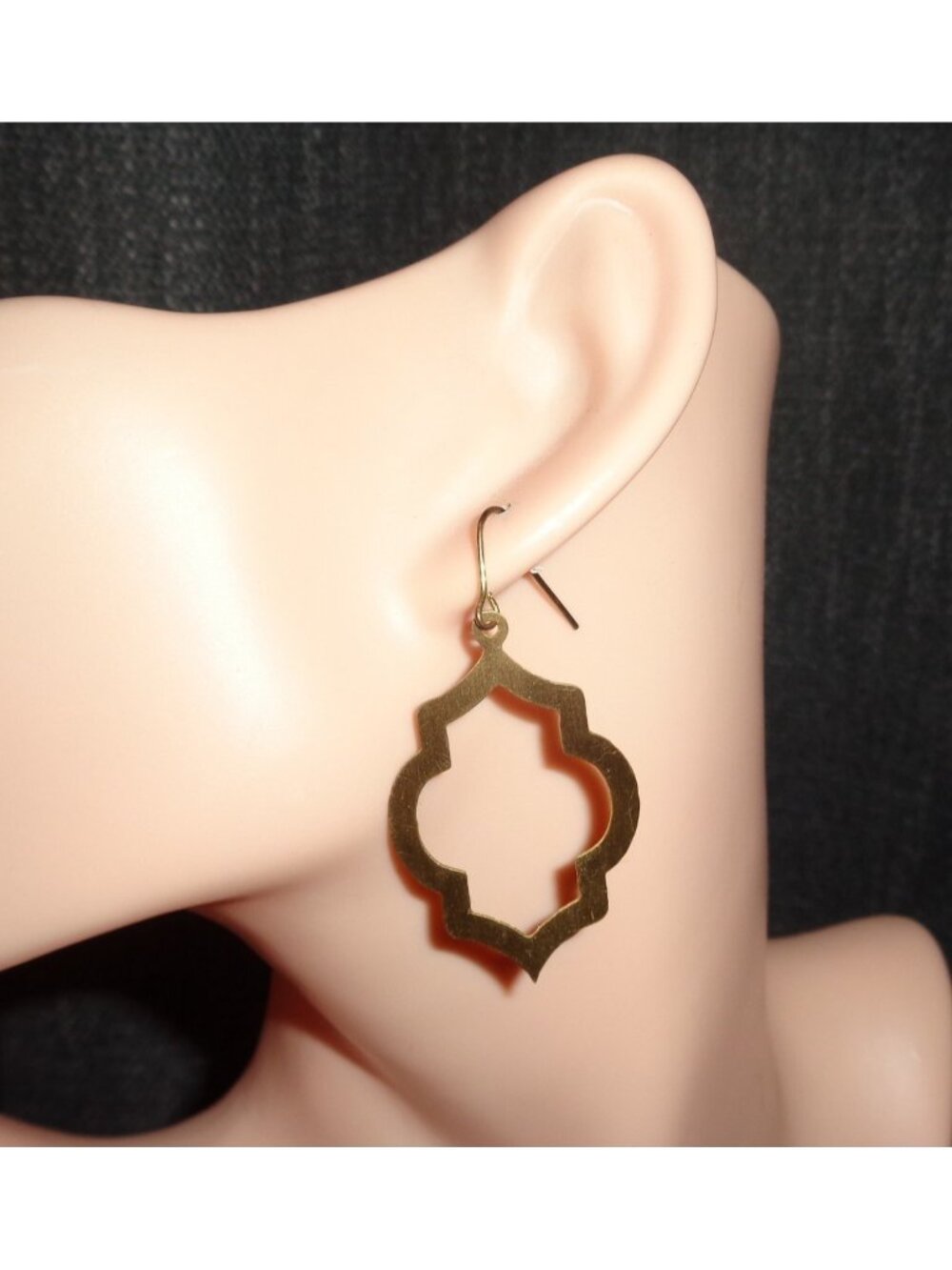 Gold Tone Brass Moroccan Style Cutout Keyhole Quatrefoil Drop Dangle Earrings
